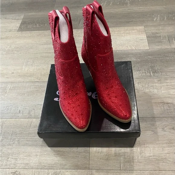 Red Rhinestone Cowgirl Sparkling Pull-on Christmas Party Forever Ankle Booties - Picture 2 of 8